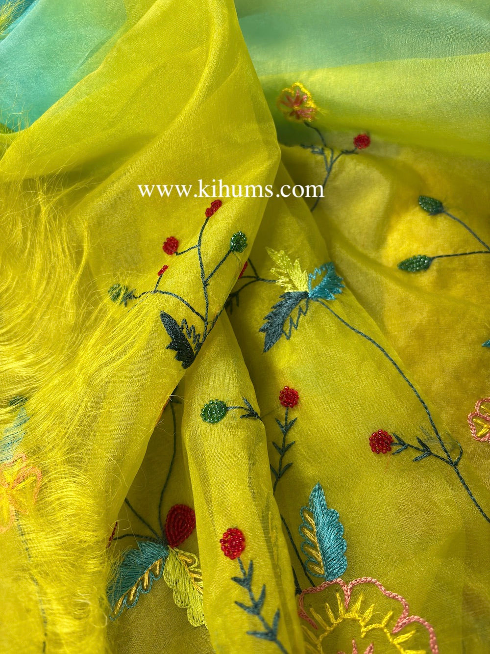 Green and Blue Organza Saree with Hand Embroidery Work | KIHUMS Saree