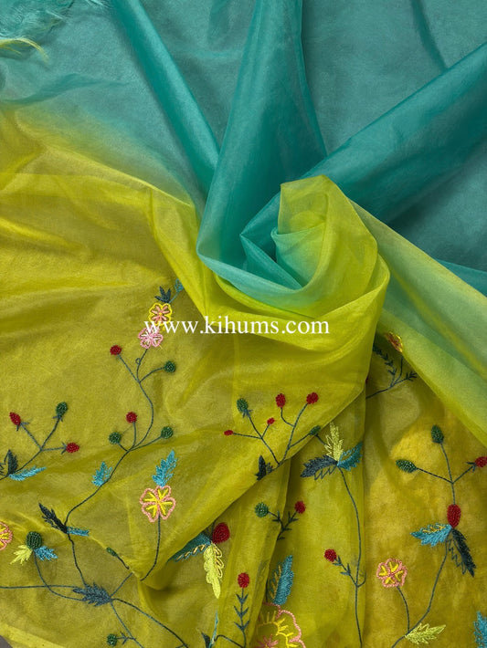 Green and Blue Organza Saree with Hand Embroidery Work | KIHUMS Saree
