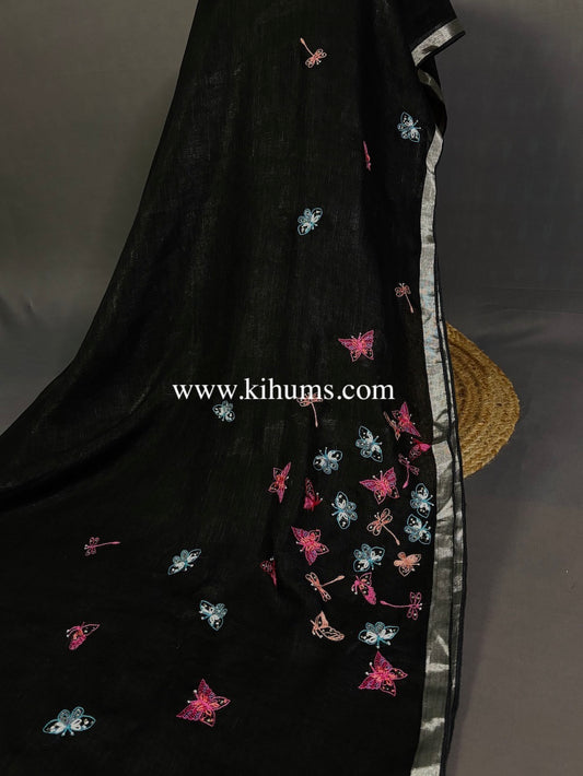 Black Handwoven Linen Saree with Titli Hand Embroidery Work | KIHUMS Saree