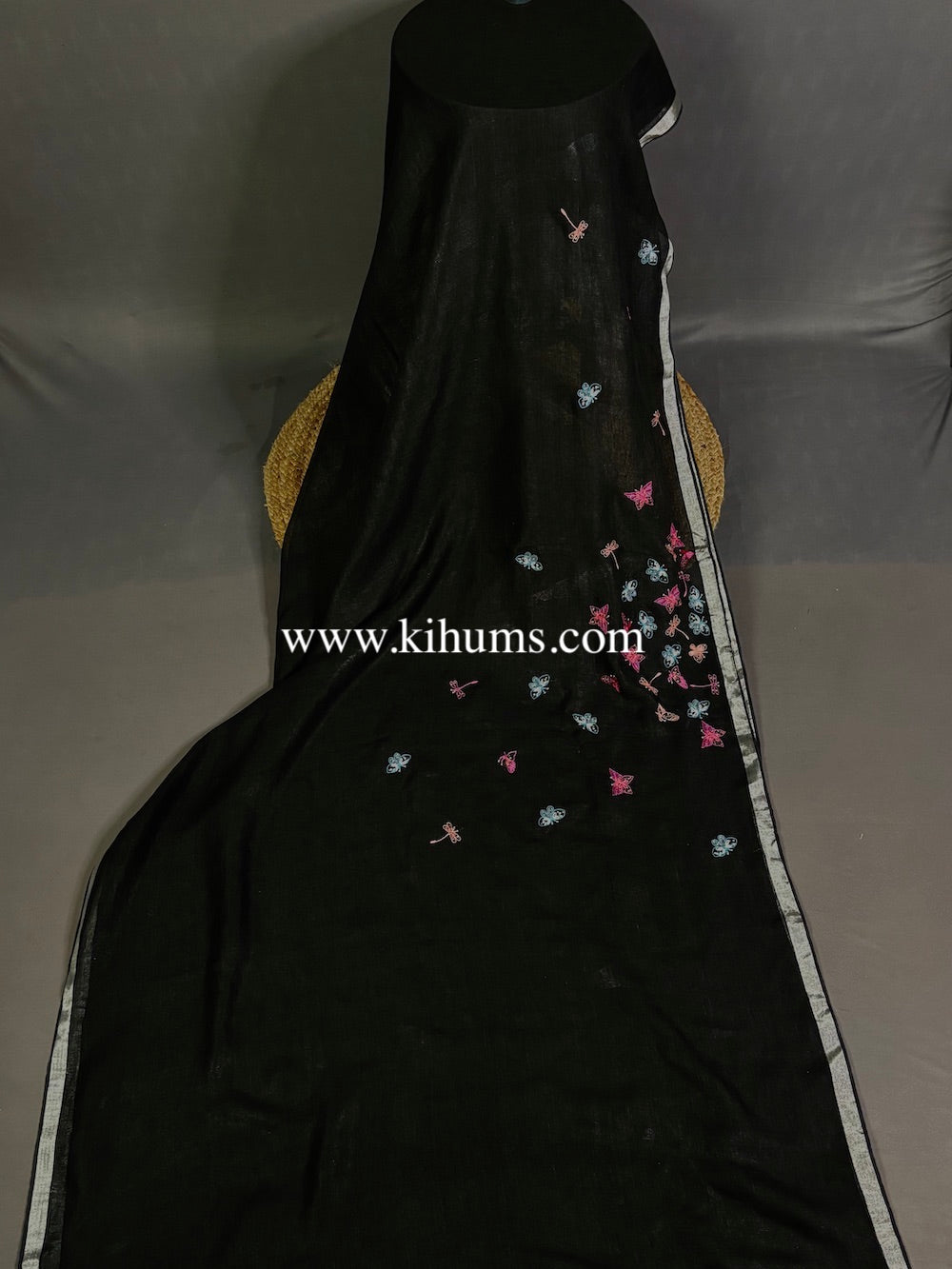 Black Handwoven Linen Saree with Titli Hand Embroidery Work | KIHUMS Saree