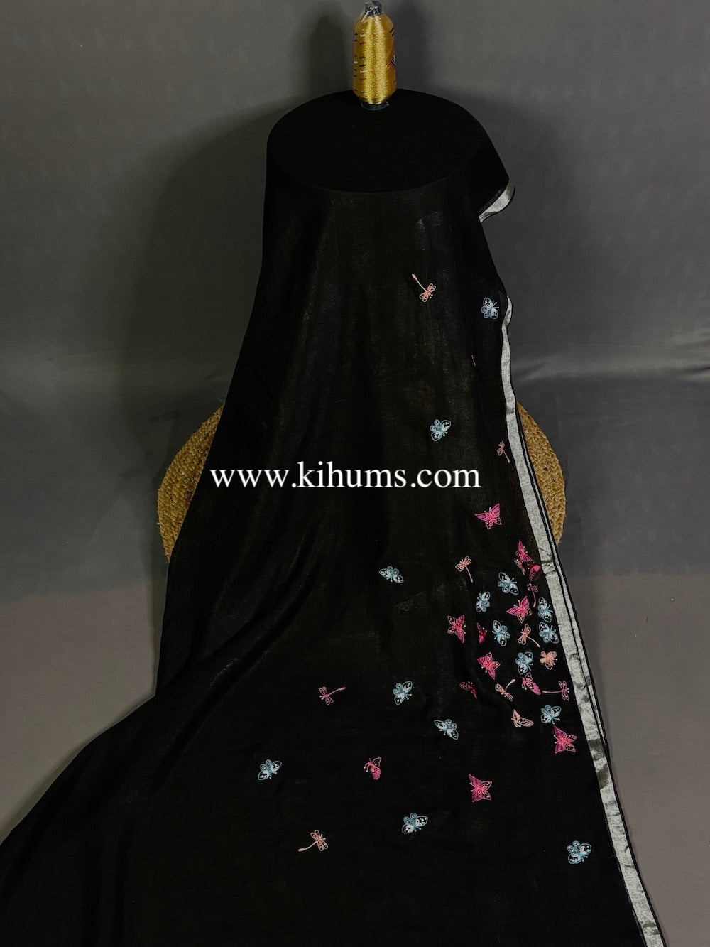 Black Handwoven Linen Saree with Titli Hand Embroidery Work | KIHUMS Saree