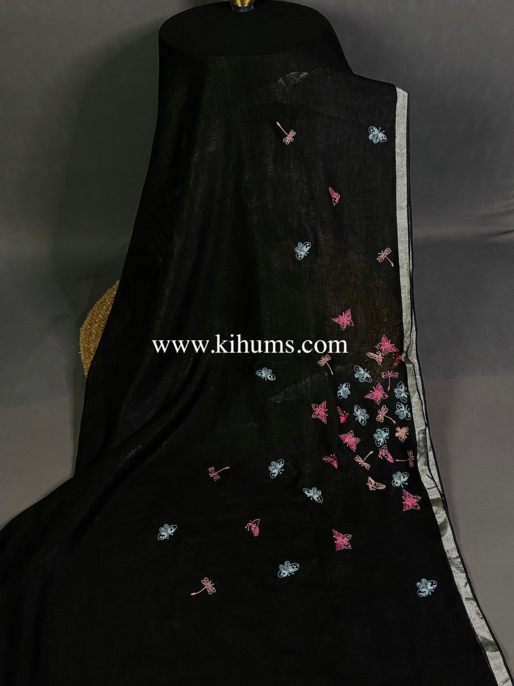 Black Handwoven Linen Saree with Titli Hand Embroidery Work | KIHUMS Saree