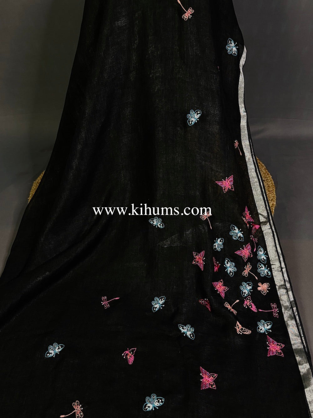 Black Handwoven Linen Saree with Titli Hand Embroidery Work | KIHUMS Saree