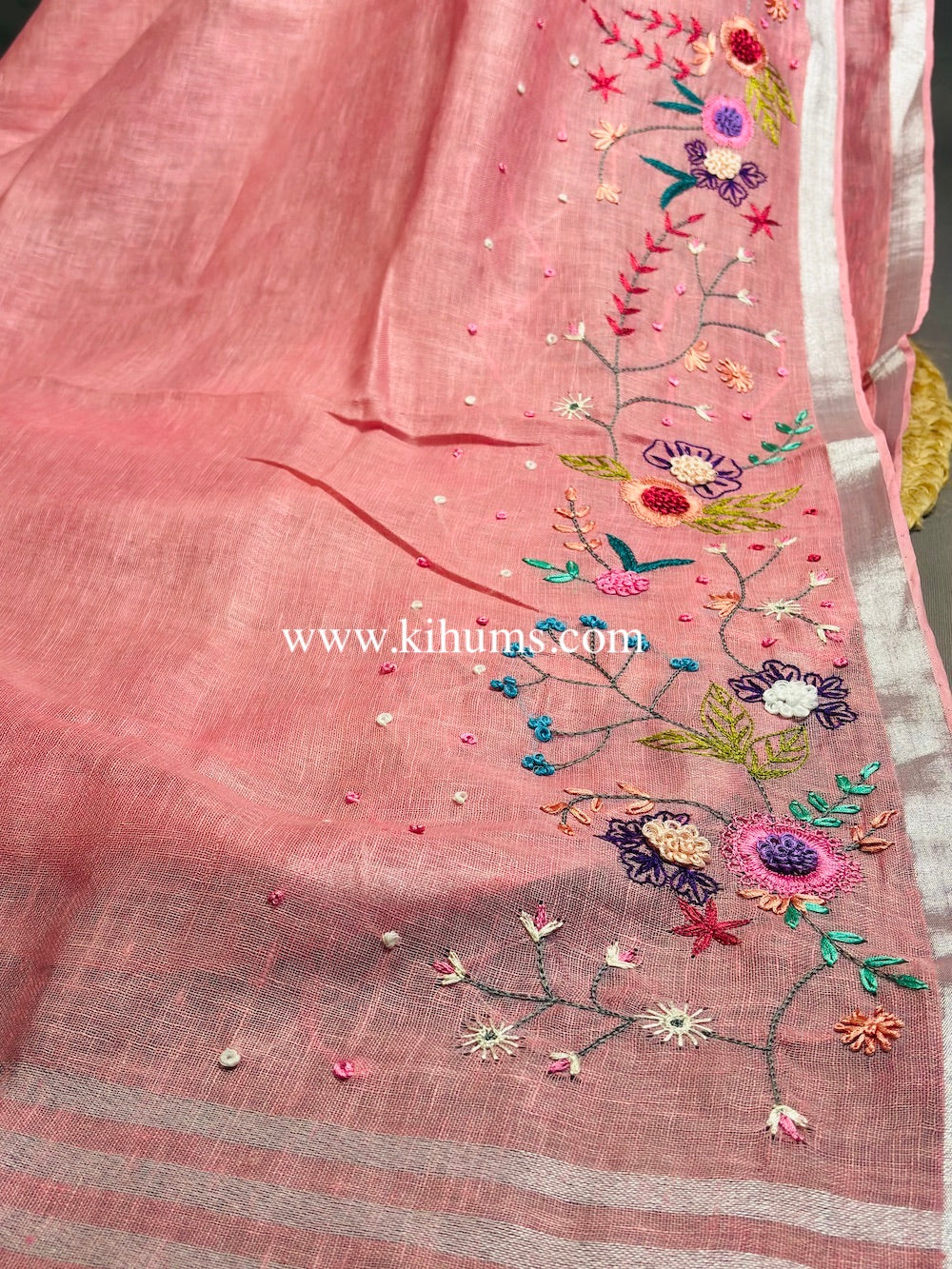 Peachish Pink Handwoven Linen Saree with Hand Embroidery Work | KIHUMS Saree