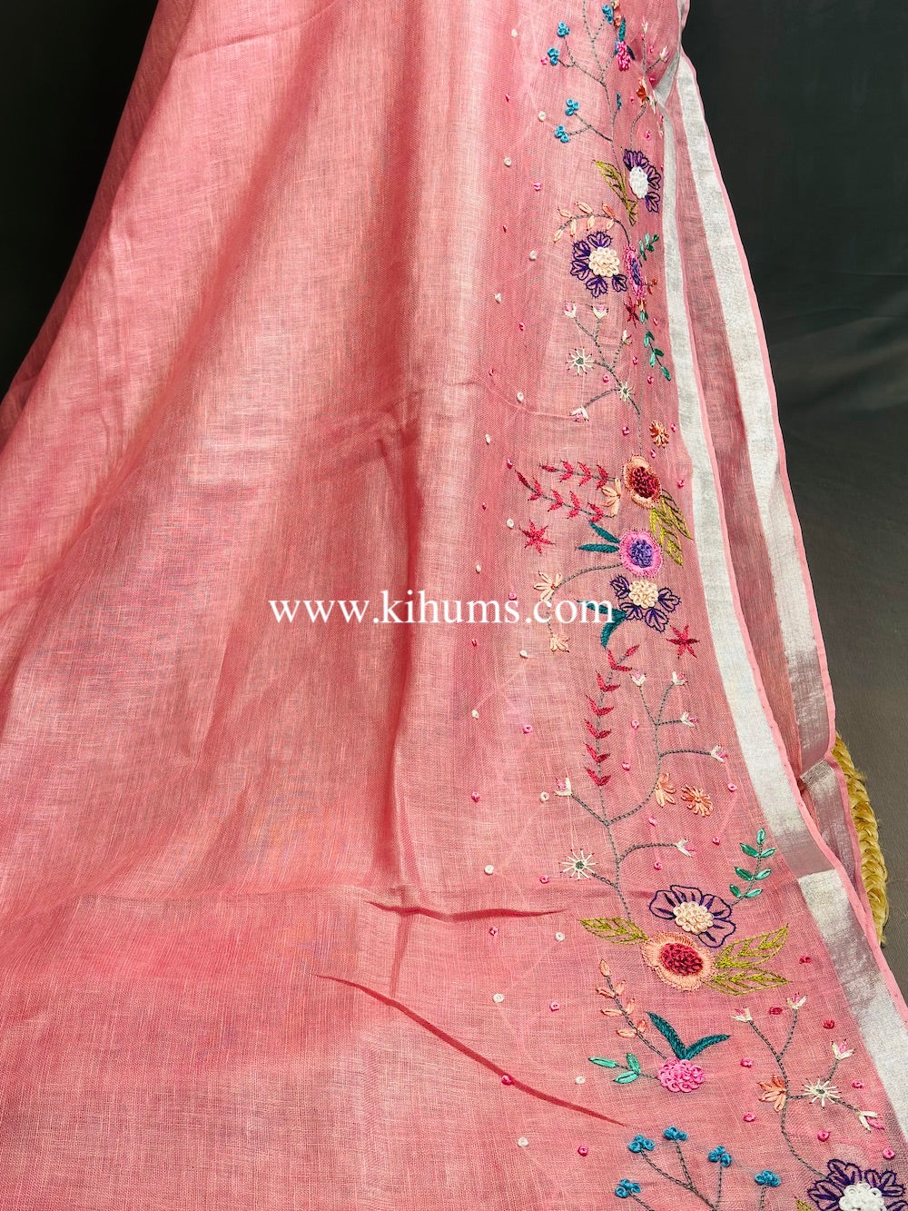 Peachish Pink Handwoven Linen Saree with Hand Embroidery Work | KIHUMS Saree