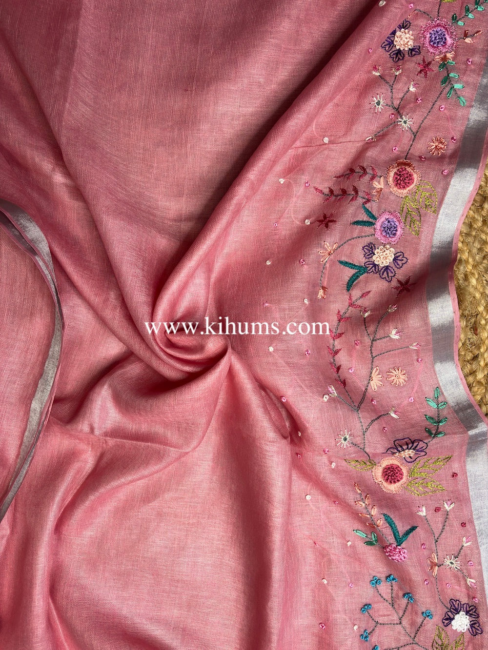 Peachish Pink Handwoven Linen Saree with Hand Embroidery Work | KIHUMS Saree