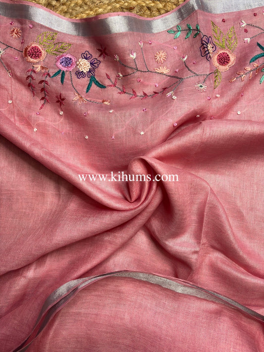Peachish Pink Handwoven Linen Saree with Hand Embroidery Work | KIHUMS Saree