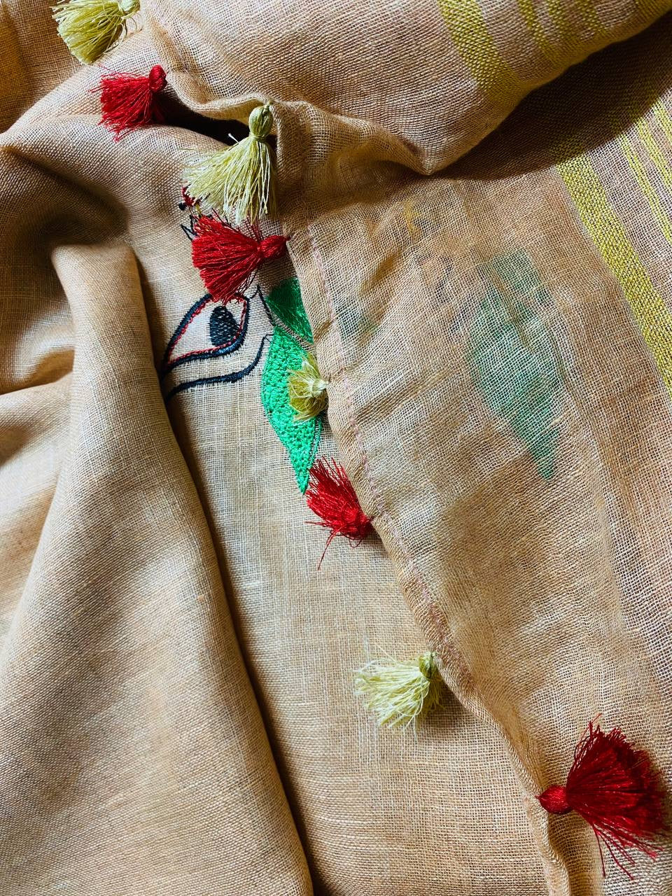 Light cream  Handwoven Linen Saree with Embroidery Work | Zari Border | KIHUMS Saree