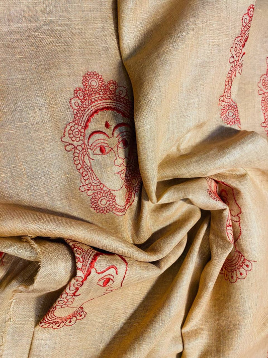 Light cream  Handwoven Linen Saree with Embroidery Work | Zari Border | KIHUMS Saree