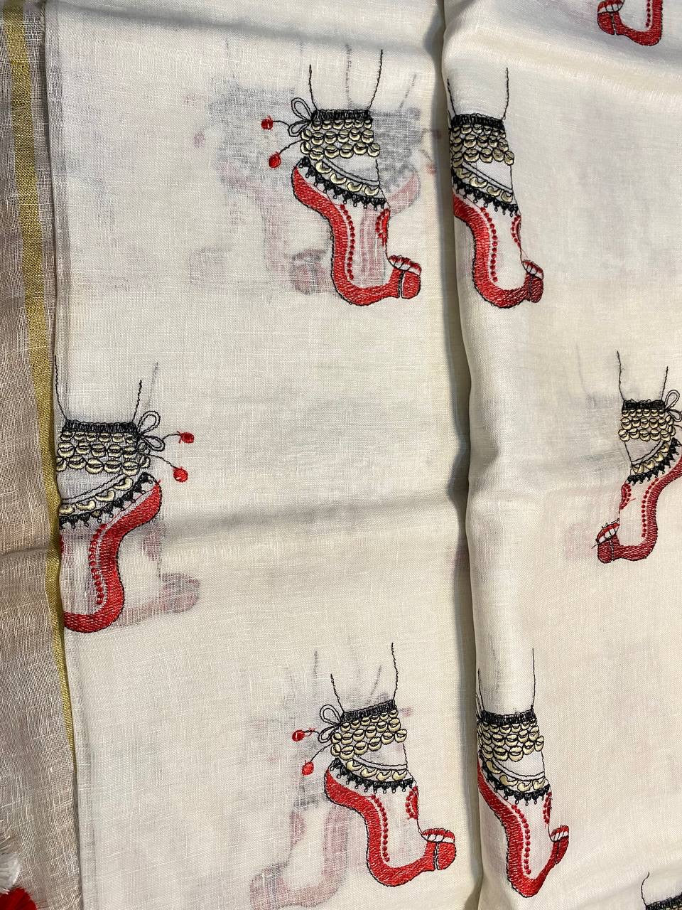 White Handwoven Linen Saree with Embroidery Work | Zari Border | KIHUMS Saree