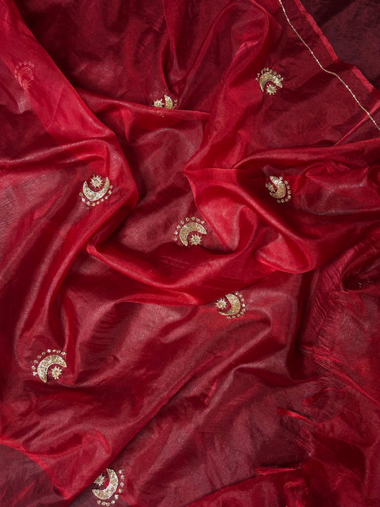 CHAND TARA Dark Red Handwoven Organza Saree with Cutdana Hand Embroidery Work | KIHUMS Saree