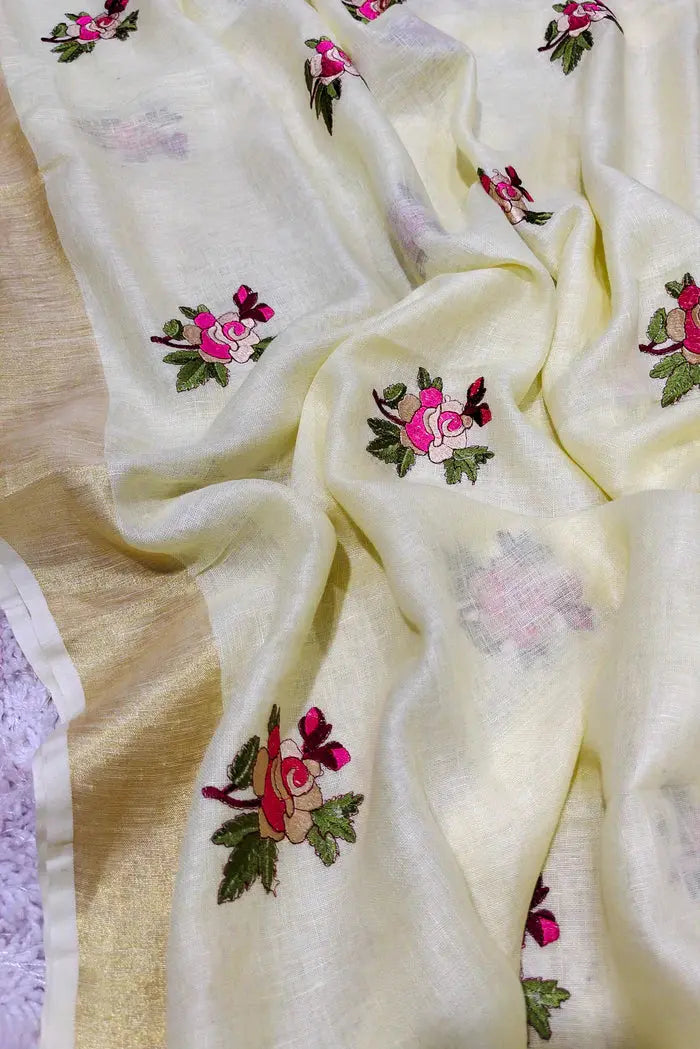 Off White Handwoven Zari Linen Saree with Hand Embroidery Work