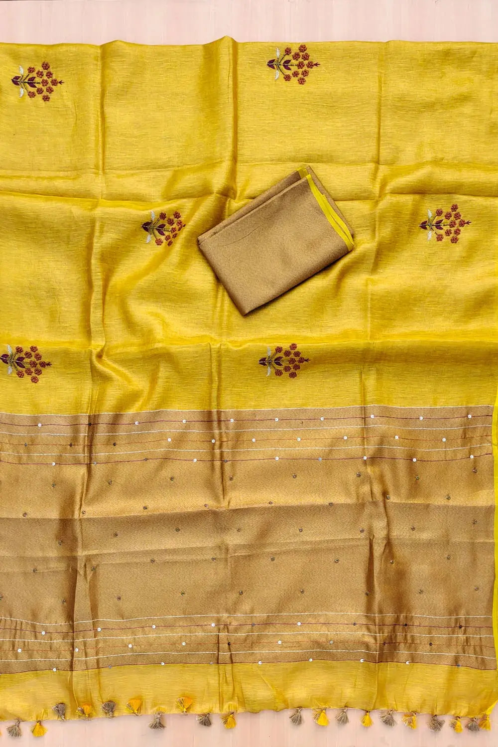 Mustard yellow Handwoven Zari Linen Saree with Hand Embroidery Work