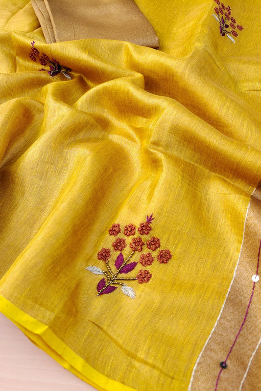 Mustard yellow Handwoven Zari Linen Saree with Hand Embroidery Work