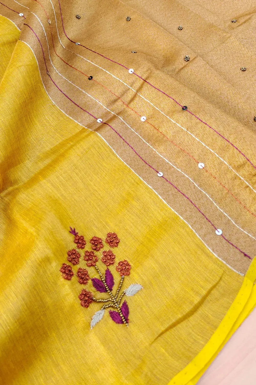 Mustard yellow Handwoven Zari Linen Saree with Hand Embroidery Work