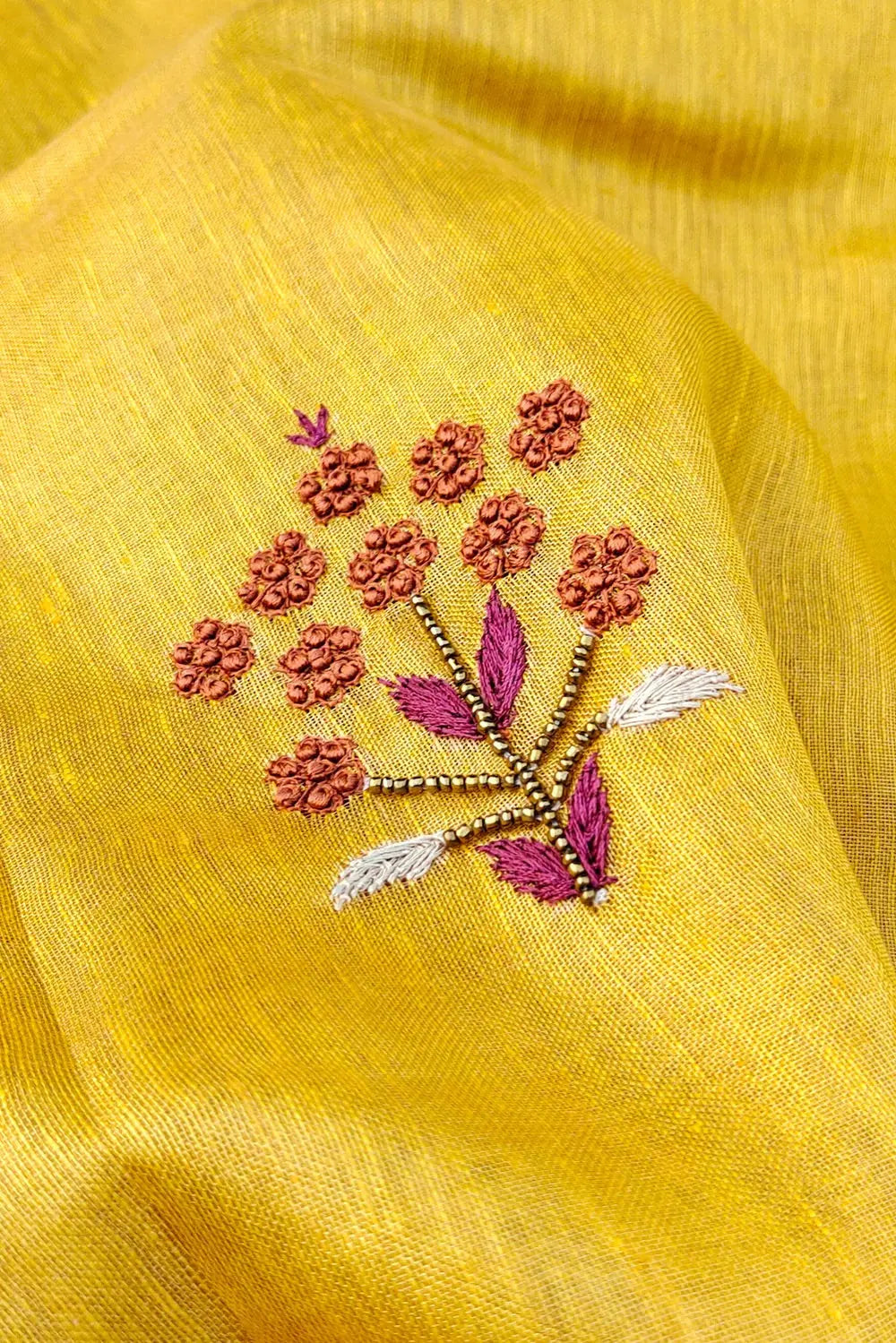 Mustard yellow Handwoven Zari Linen Saree with Hand Embroidery Work