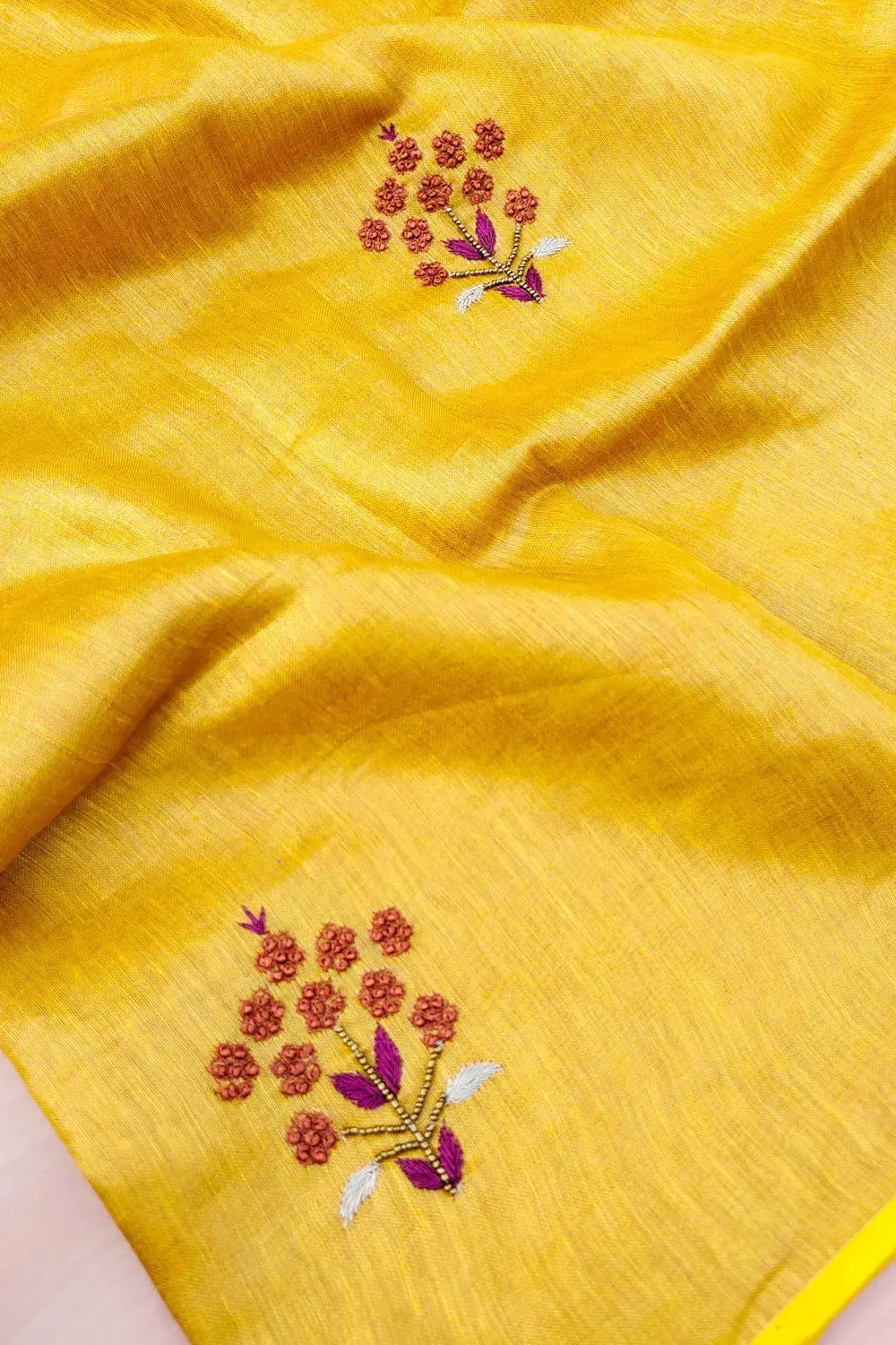 Mustard yellow Handwoven Zari Linen Saree with Hand Embroidery Work