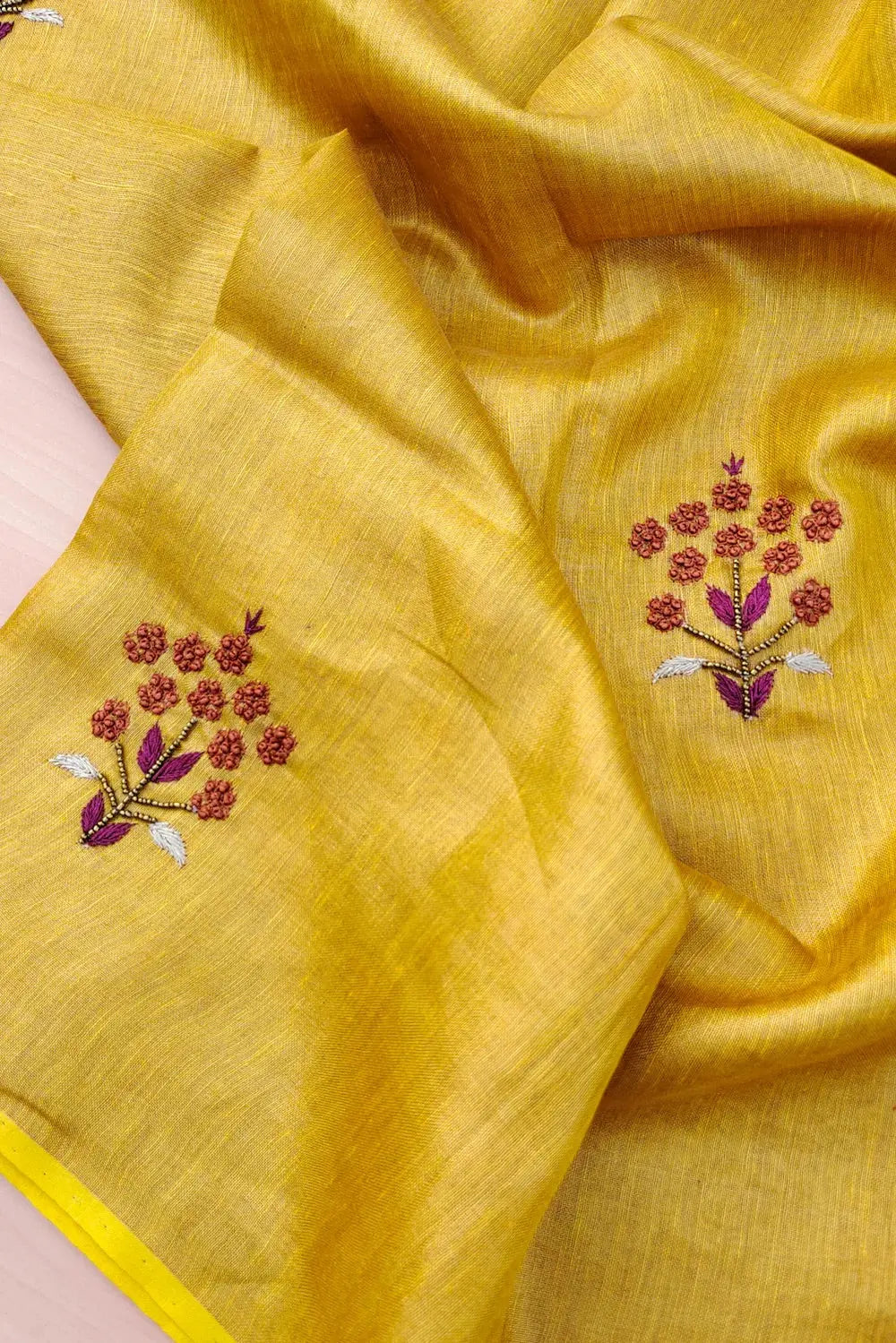 Mustard yellow Handwoven Zari Linen Saree with Hand Embroidery Work