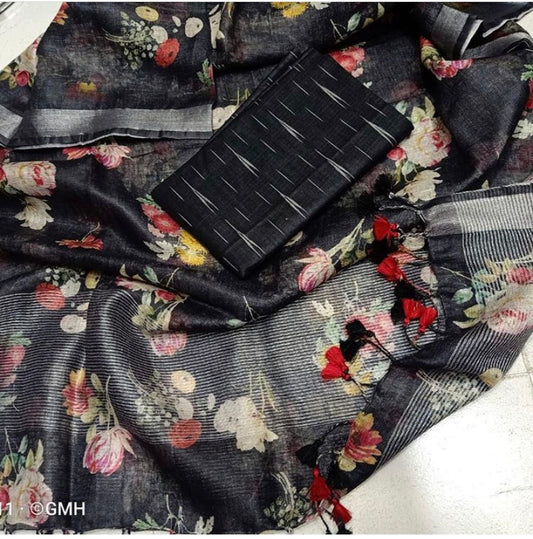 Black Handloom Ikkat Top and Printed Linen Dupatta 2Pc Unstitched Dress Material