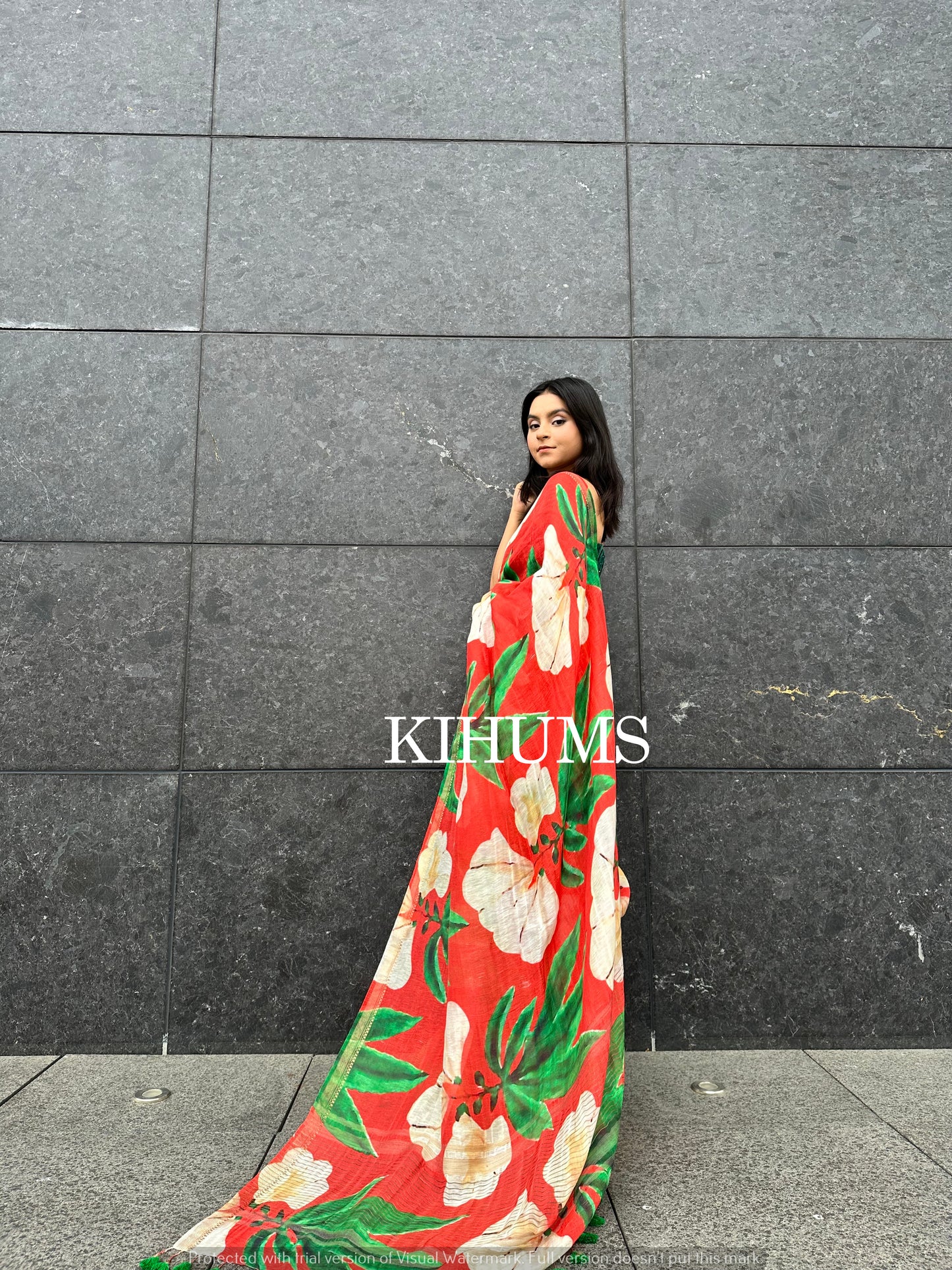Red Shade Floral Printed Silk Linen Saree | KIHUMS Saree