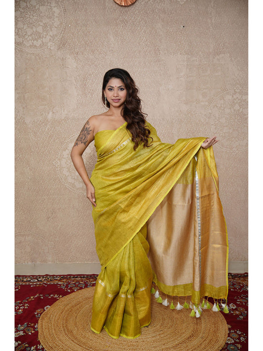 Lime Yellow Tissue Linen Saree