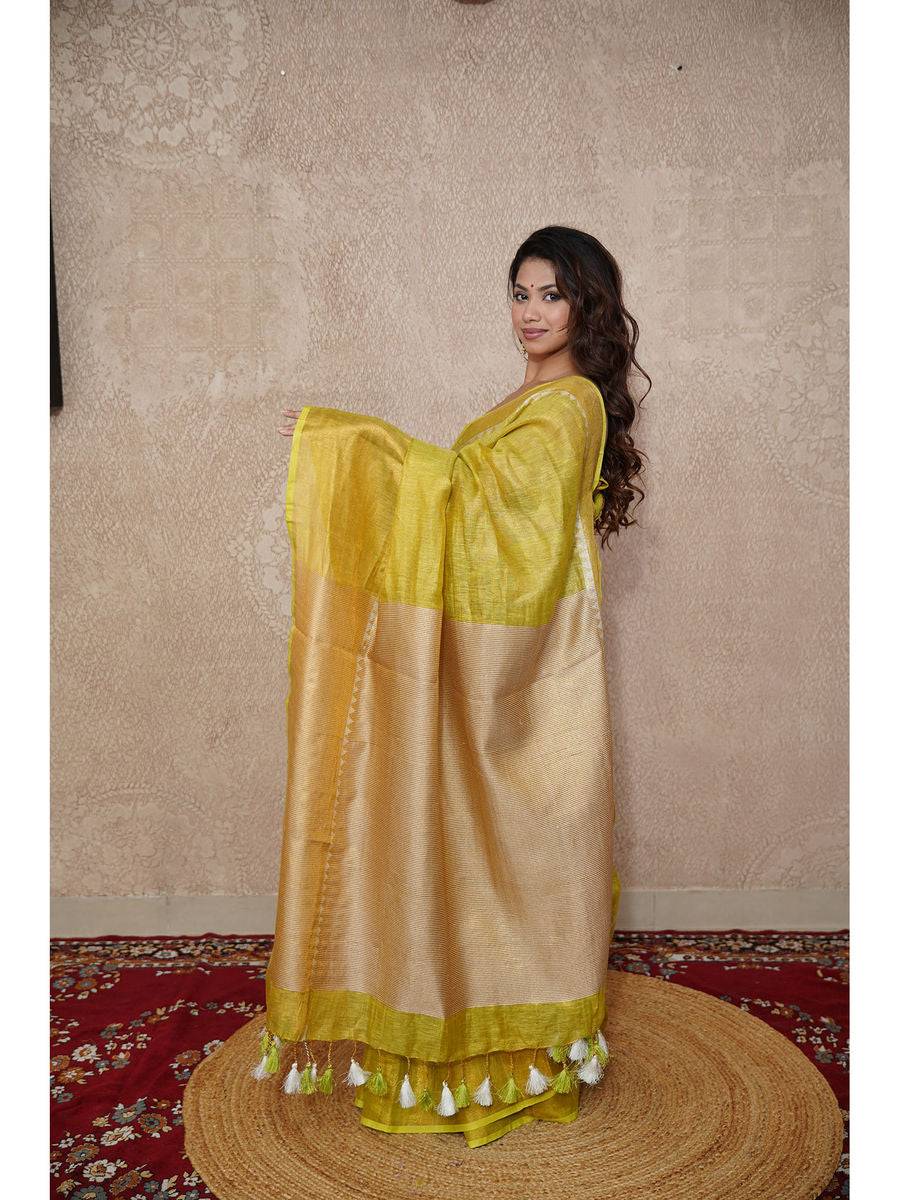 Lime Yellow Tissue Linen Saree