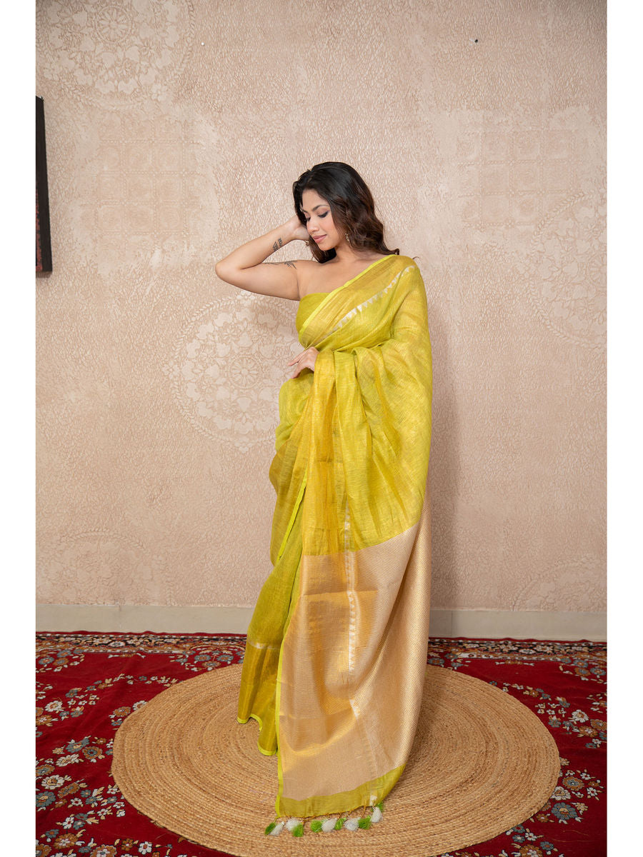 Lime Yellow Tissue Linen Saree