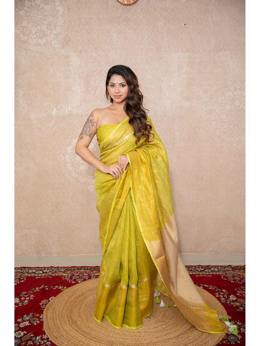 Lime Yellow Tissue Linen Saree