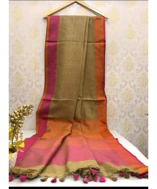 Beige Handwoven Linen Saree with contrast border