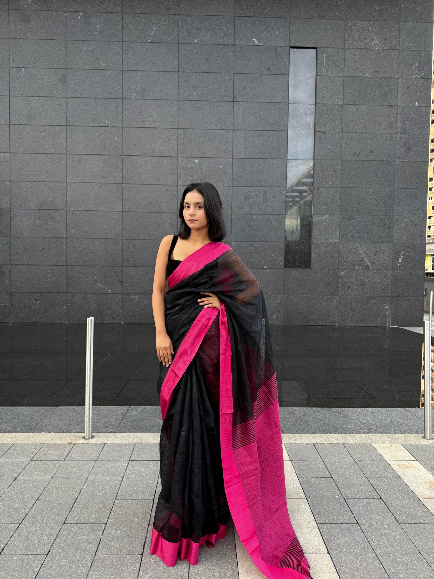 Black shade Handmade Pure Linen Saree | KIHUMS Saree