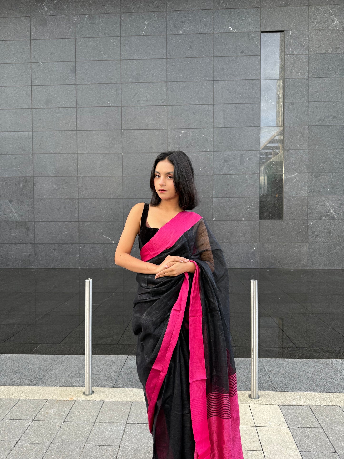 Black shade Handmade Pure Linen Saree | KIHUMS Saree