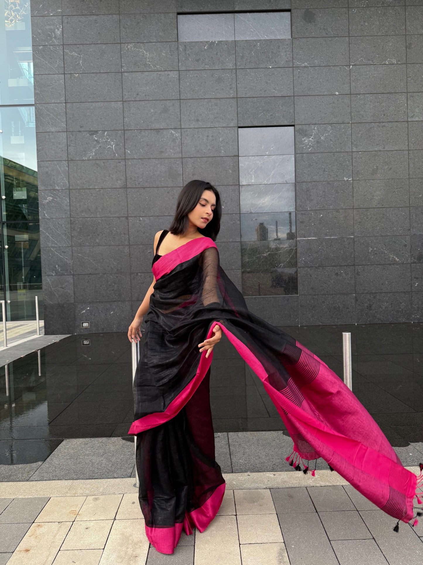 Black shade Handmade Pure Linen Saree | KIHUMS Saree