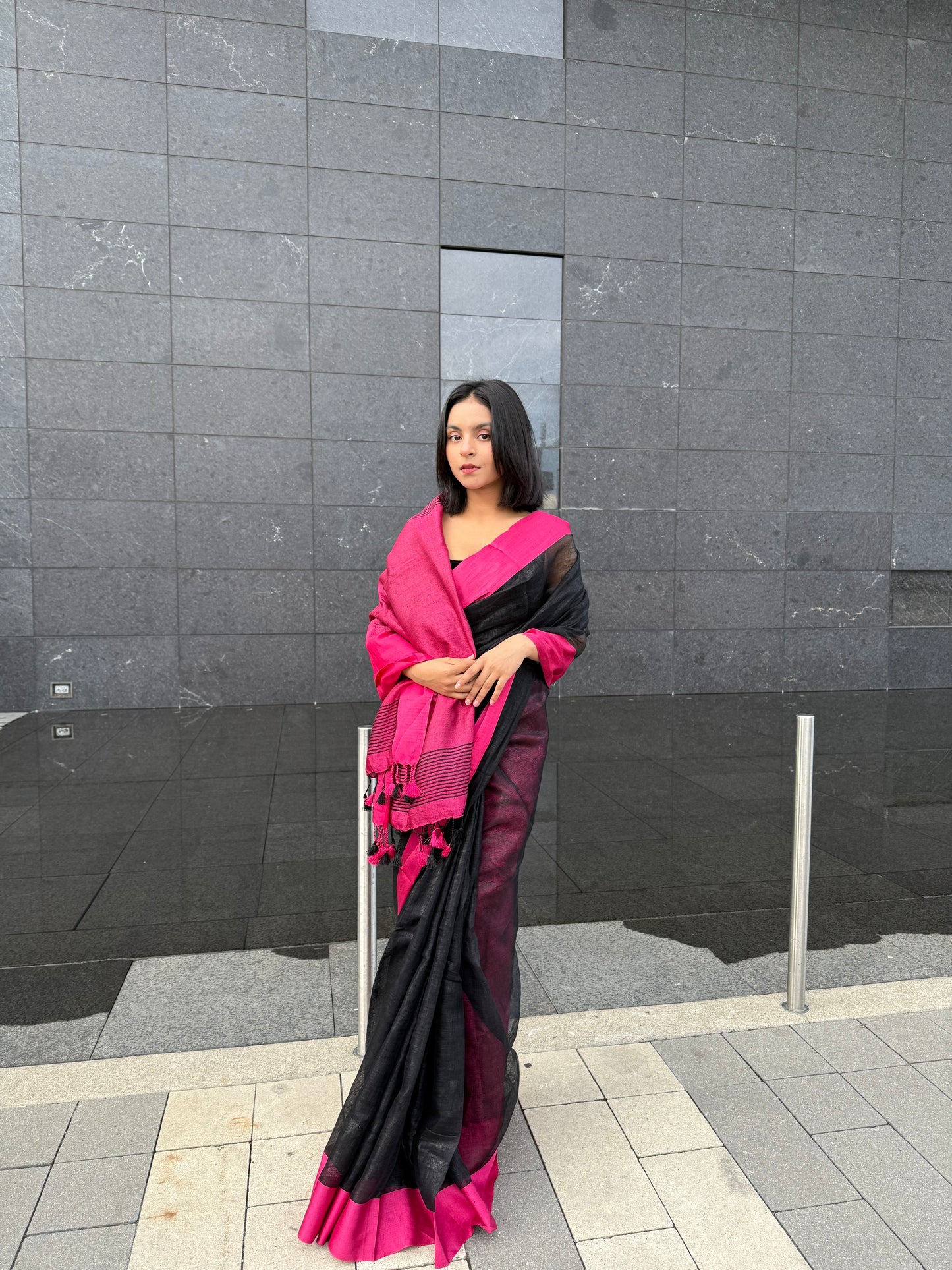 Black shade Handmade Pure Linen Saree | KIHUMS Saree