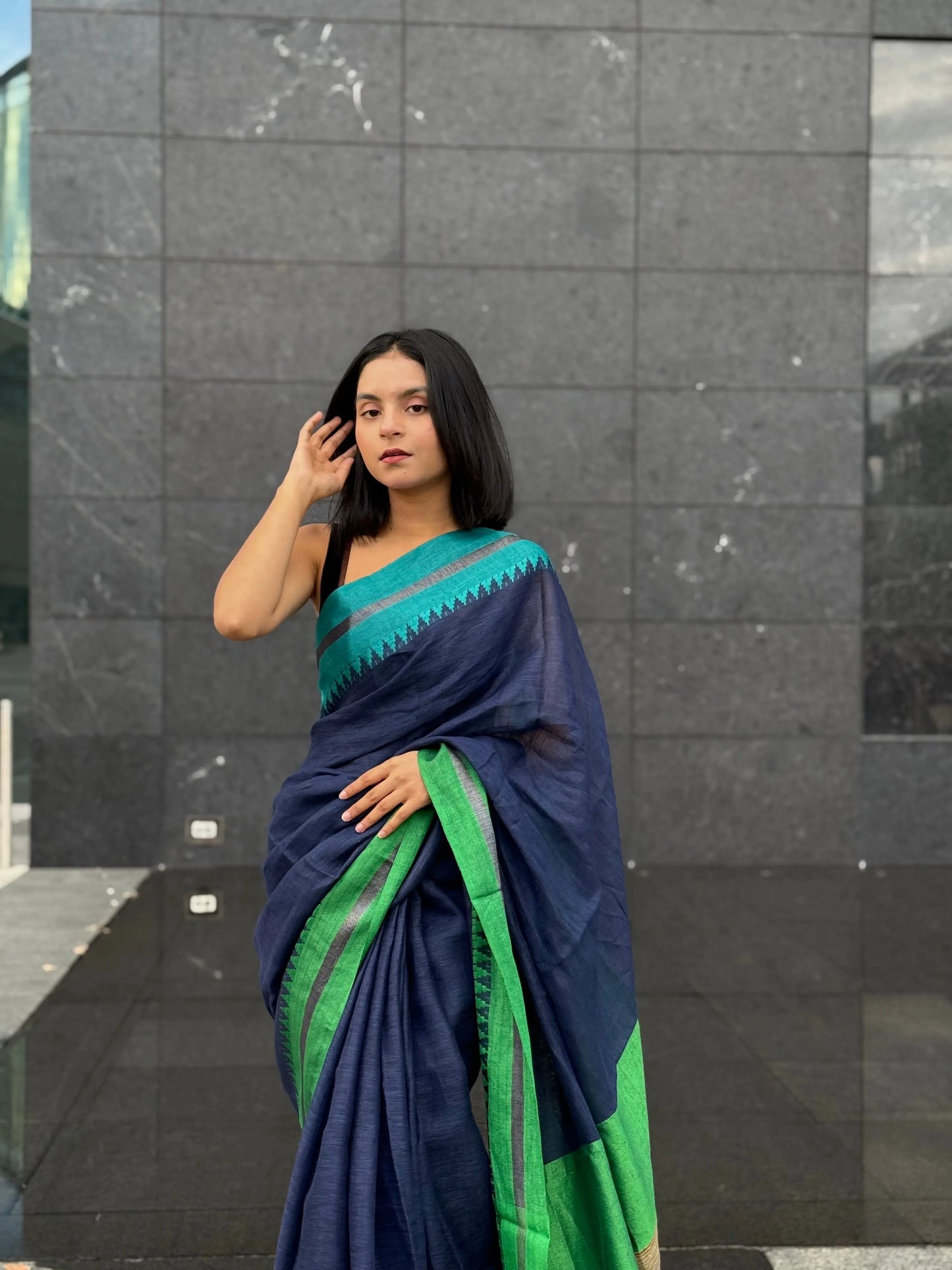 Navy Blue shade Handmade Pure Linen Saree with Dual shade Border | KIHUMS Saree