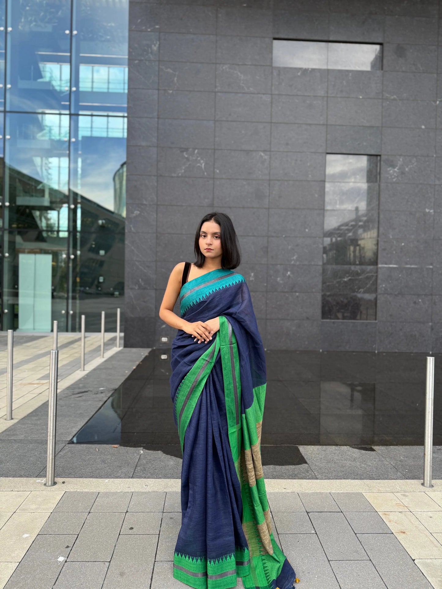 Navy Blue shade Handmade Pure Linen Saree with Dual shade Border | KIHUMS Saree