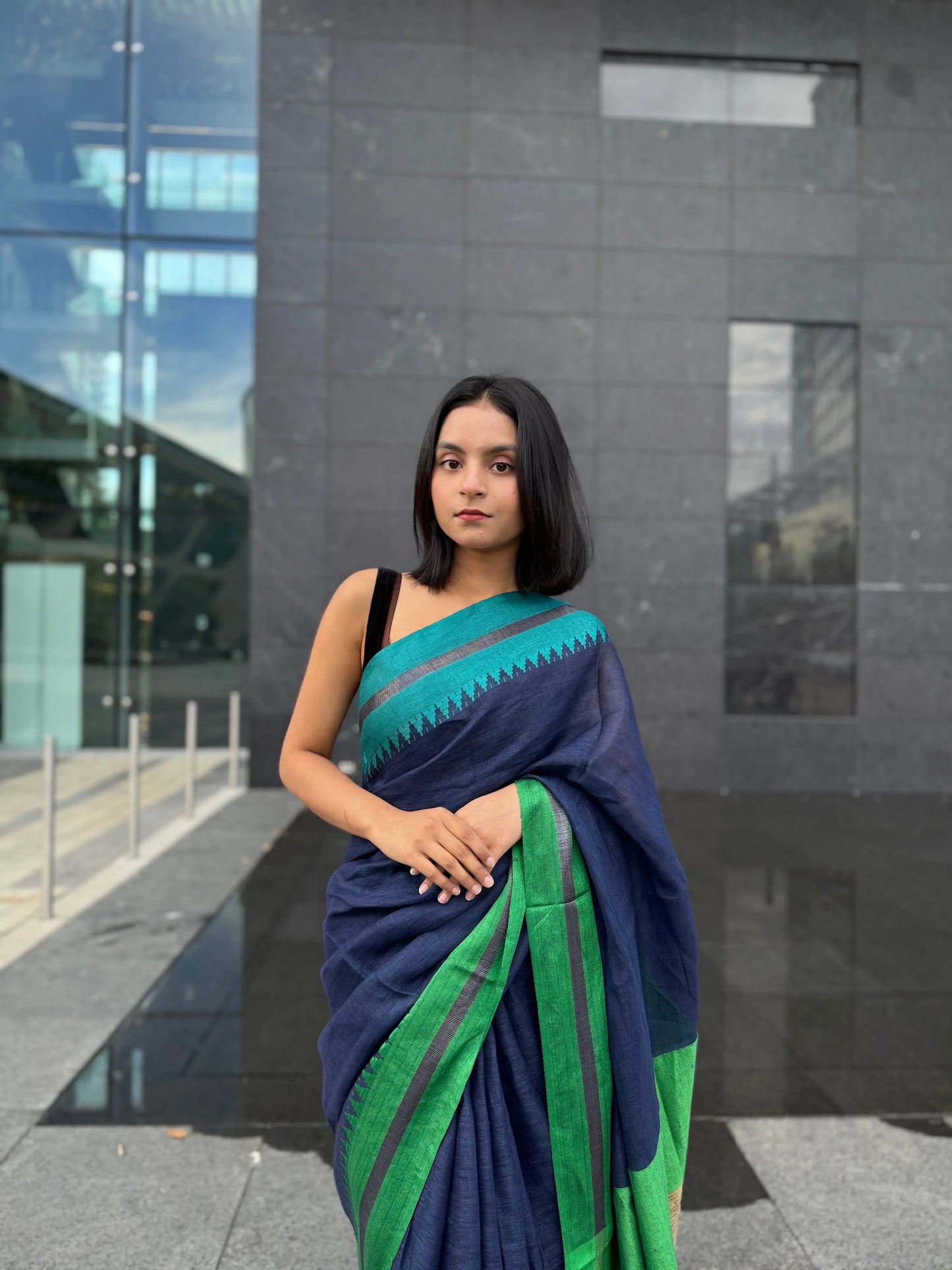 Navy Blue shade Handmade Pure Linen Saree with Dual shade Border | KIHUMS Saree