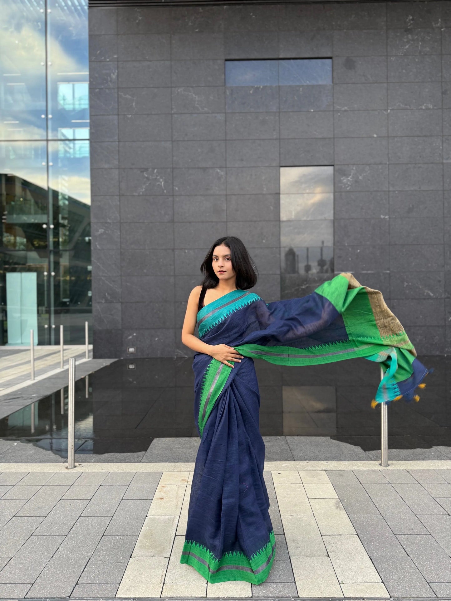 Navy Blue shade Handmade Pure Linen Saree with Dual shade Border | KIHUMS Saree