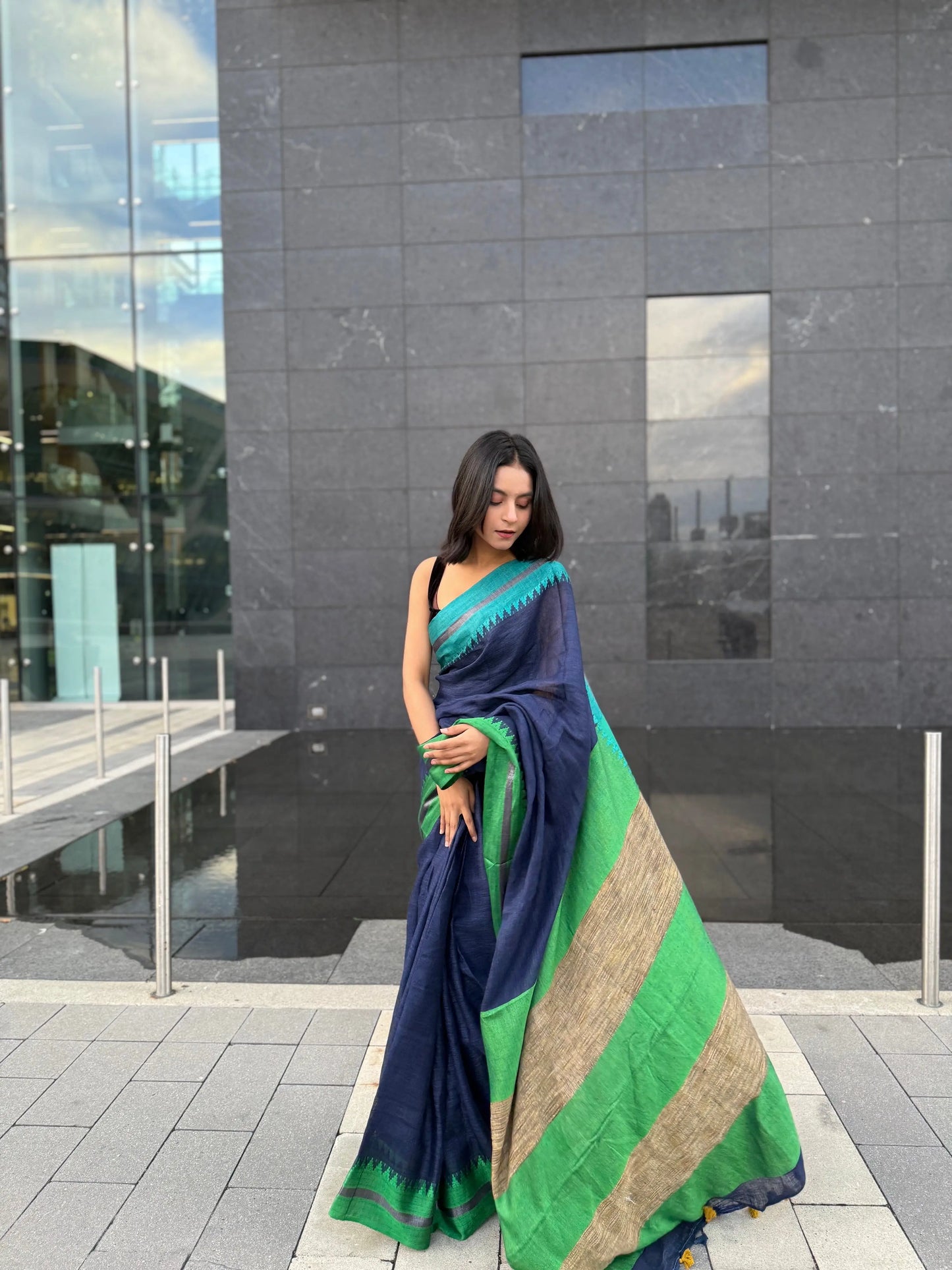 Navy Blue shade Handmade Pure Linen Saree with Dual shade Border | KIHUMS Saree