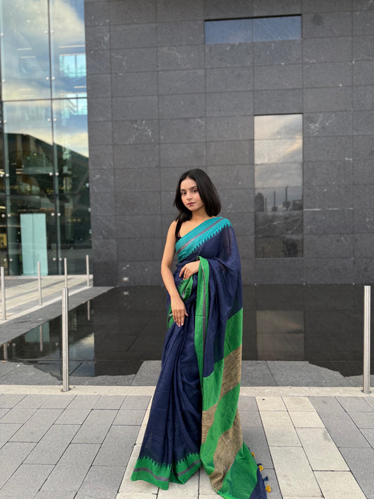 Navy Blue shade Handmade Pure Linen Saree with Dual shade Border | KIHUMS Saree