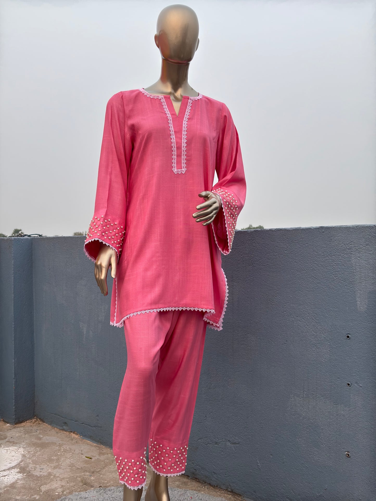 Coral Pink--Stylish & Trendy Pearl Embellished Co-ord sets | Luxury wear | Airport Look