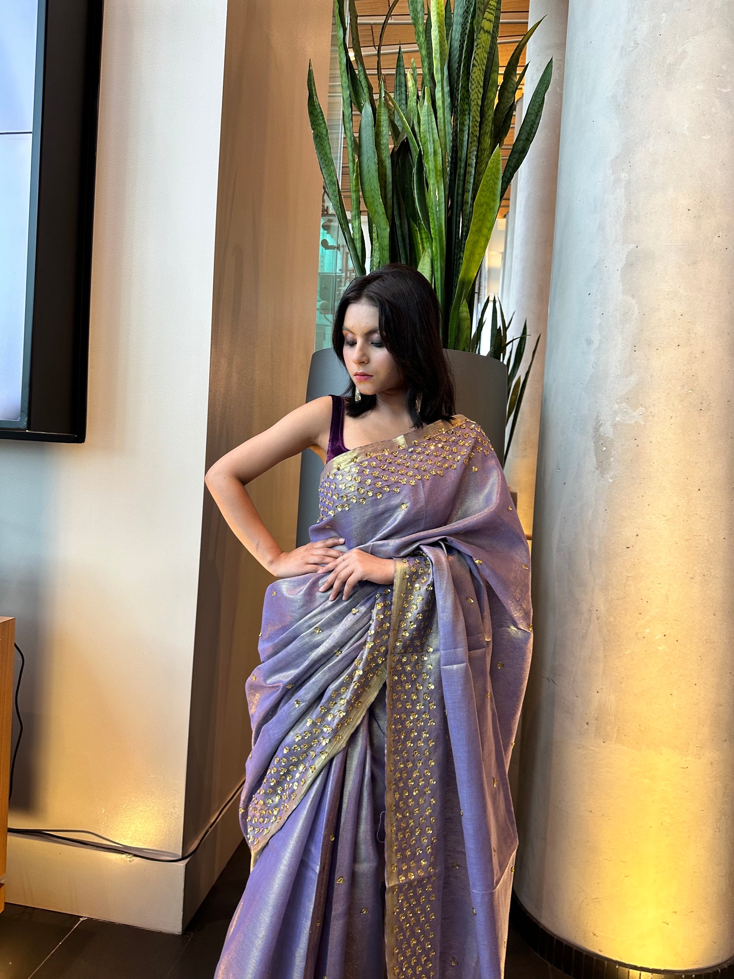 Lavender Shade Embellished Gold shimmering Saree| Handwork | Sequins work KIHUMS Saree