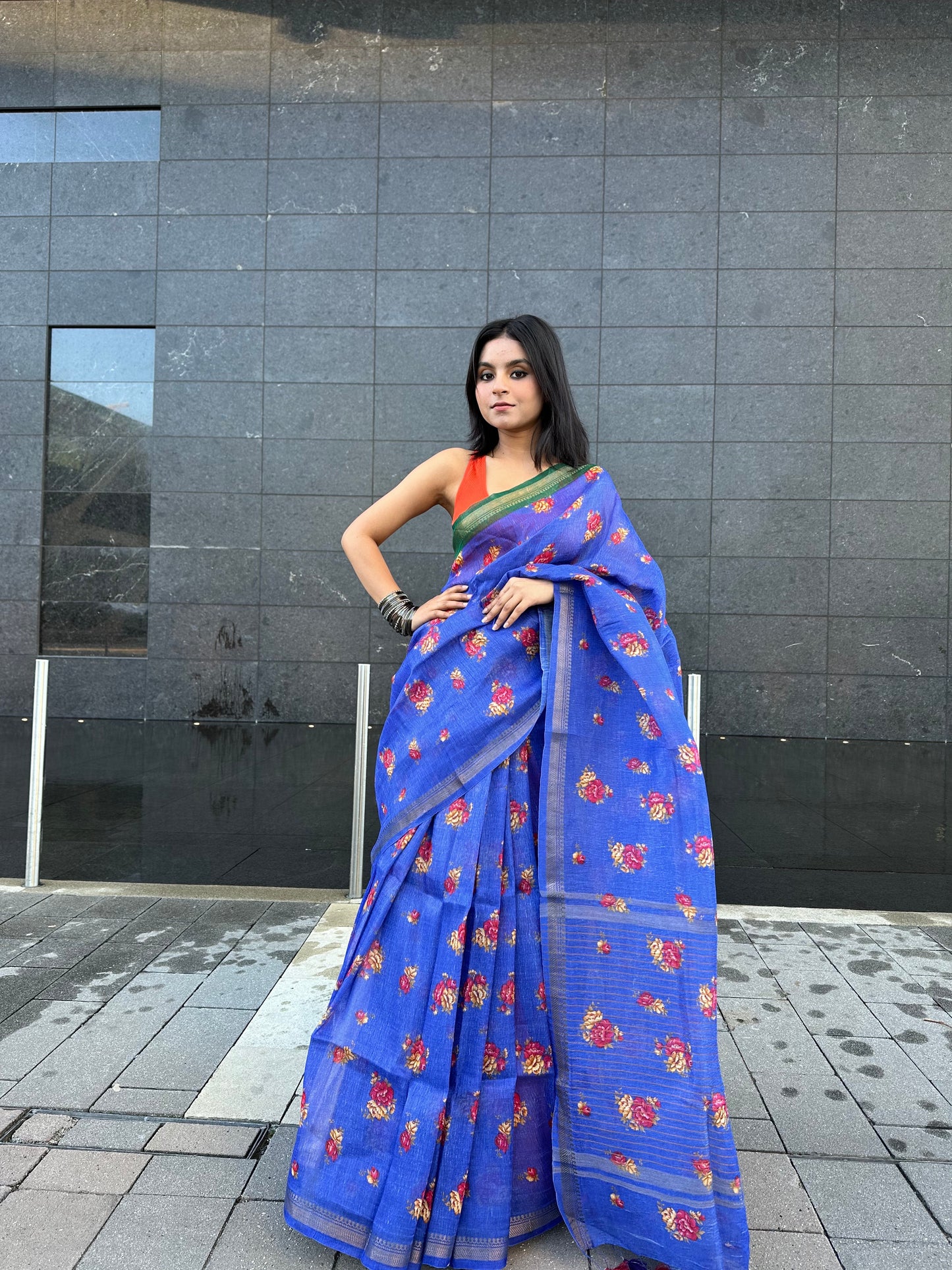 Blue Shade Floral Printed Silk Linen Saree | KIHUMS Saree