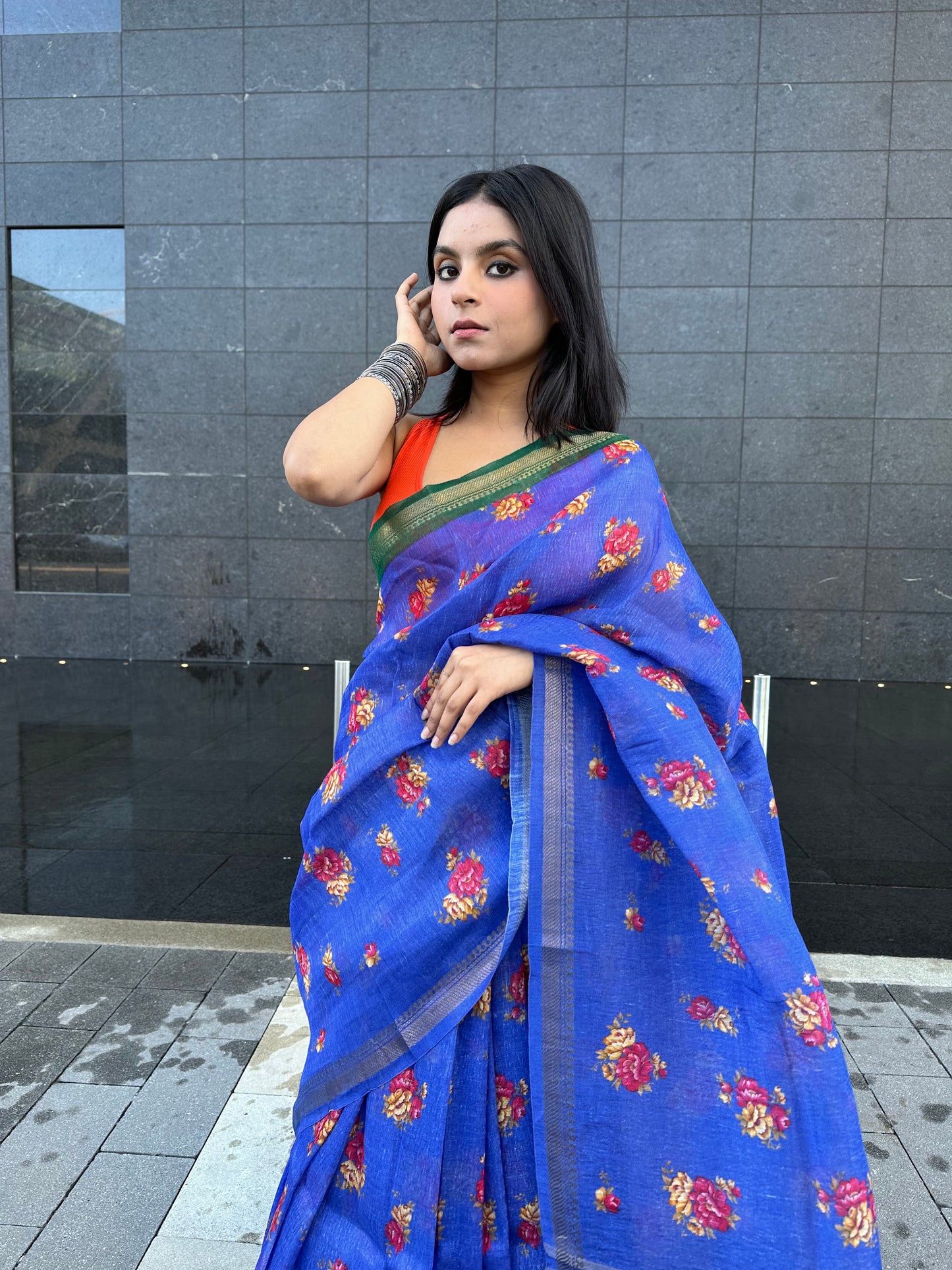 Blue Shade Floral Printed Silk Linen Saree | KIHUMS Saree