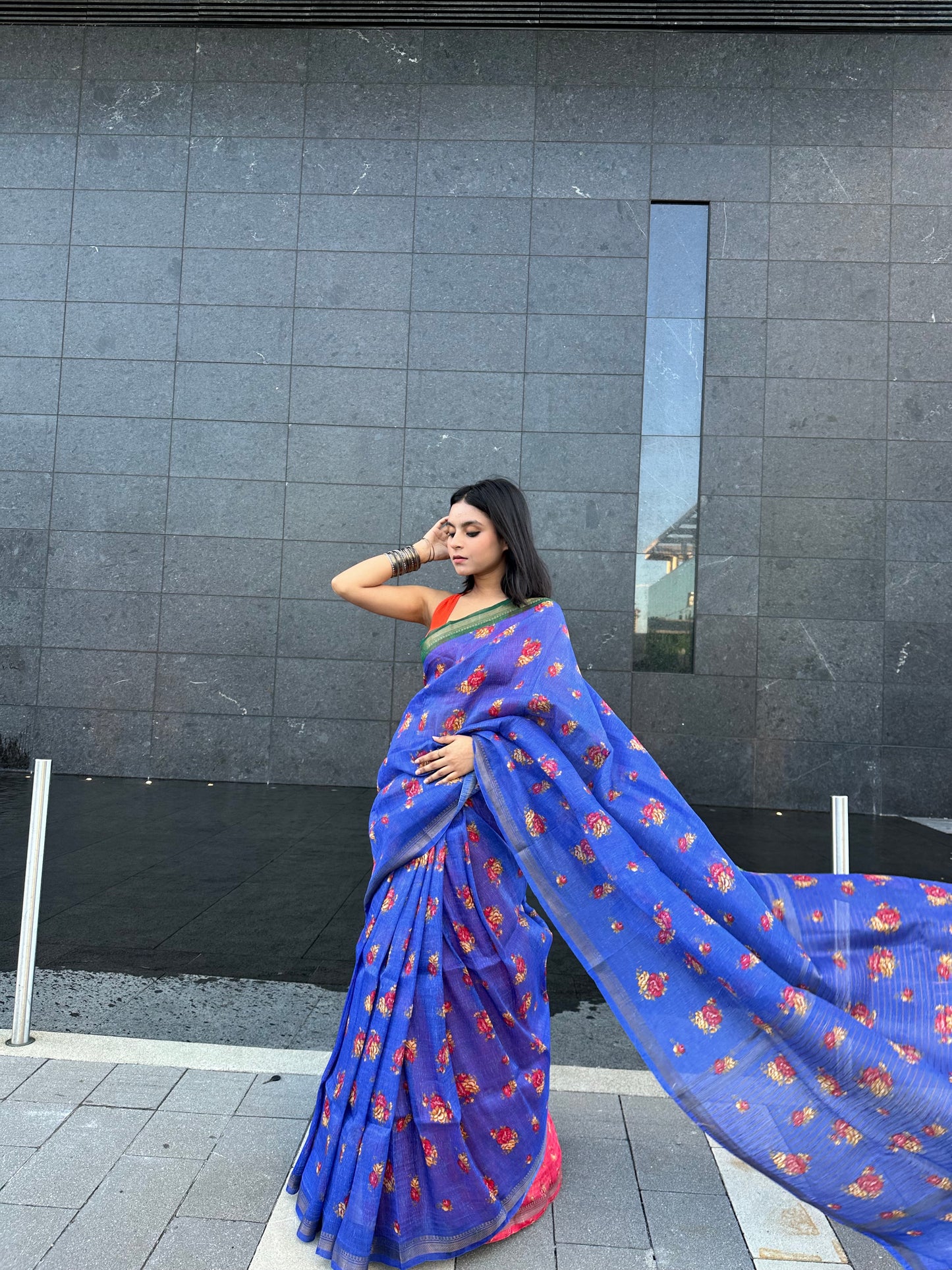 Blue Shade Floral Printed Silk Linen Saree | KIHUMS Saree