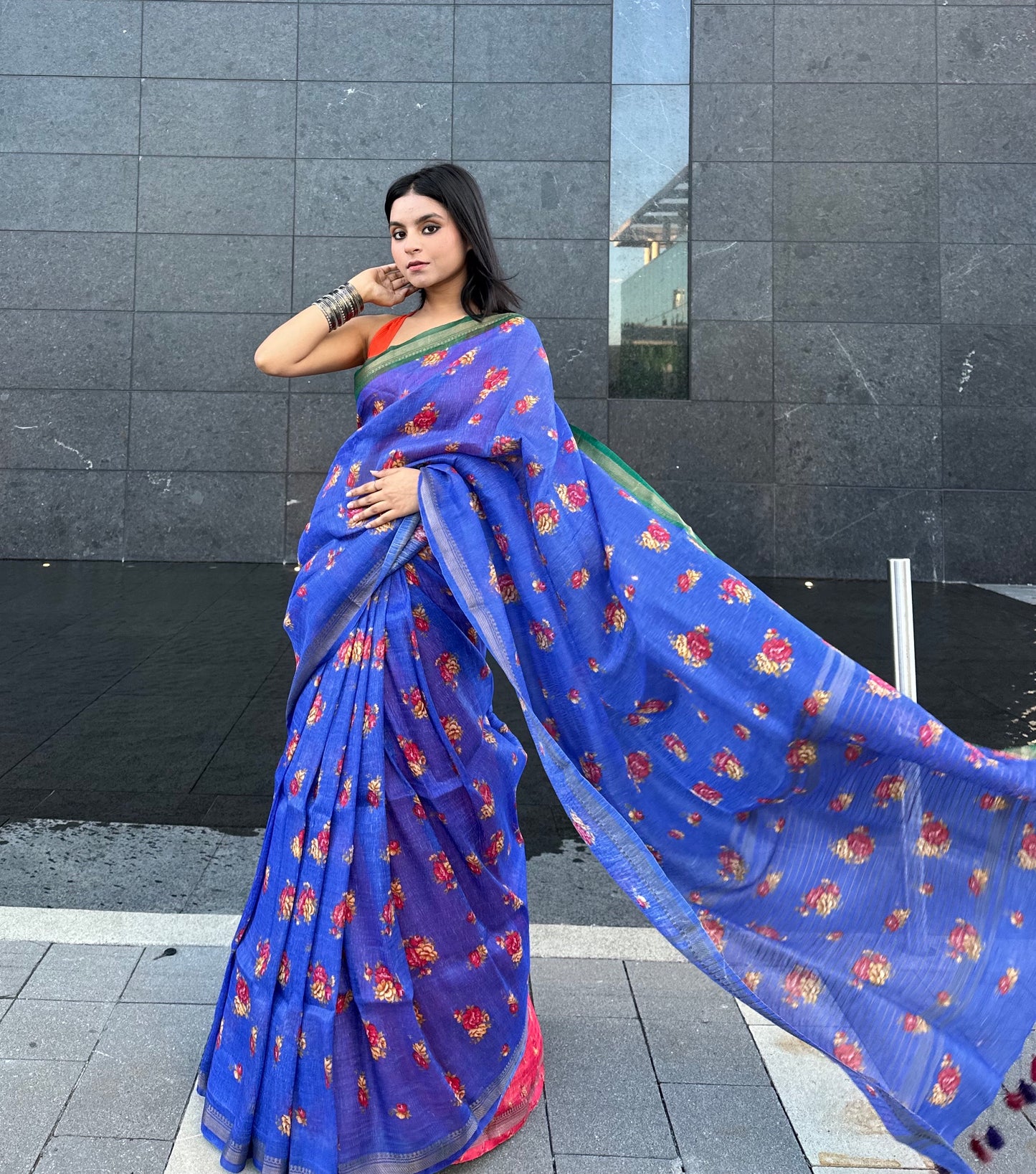 Blue Shade Floral Printed Silk Linen Saree | KIHUMS Saree