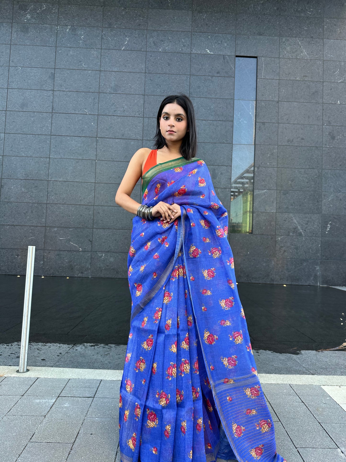 Blue Shade Floral Printed Silk Linen Saree | KIHUMS Saree