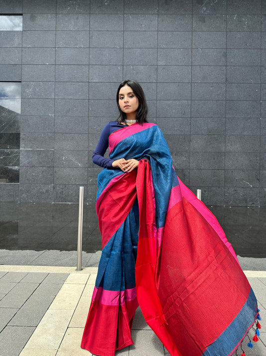 Blue shade Handmade Pure Linen Saree with Dual shade Border | KIHUMS Saree