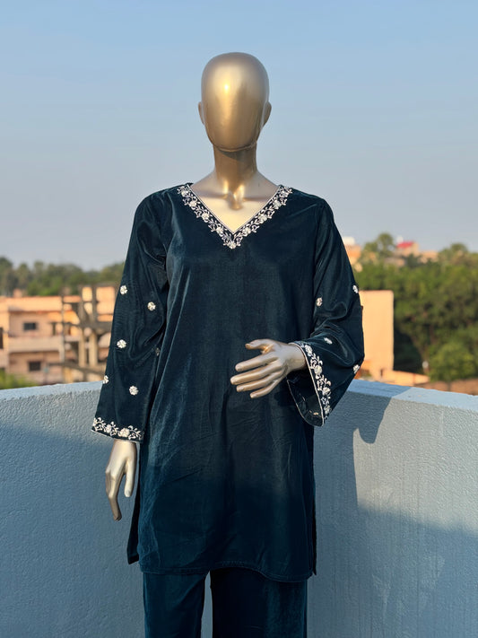 Petrol Blue Zari Embroidered Velvet Pakistani Style Co-ord sets | Kurta with Palazzos