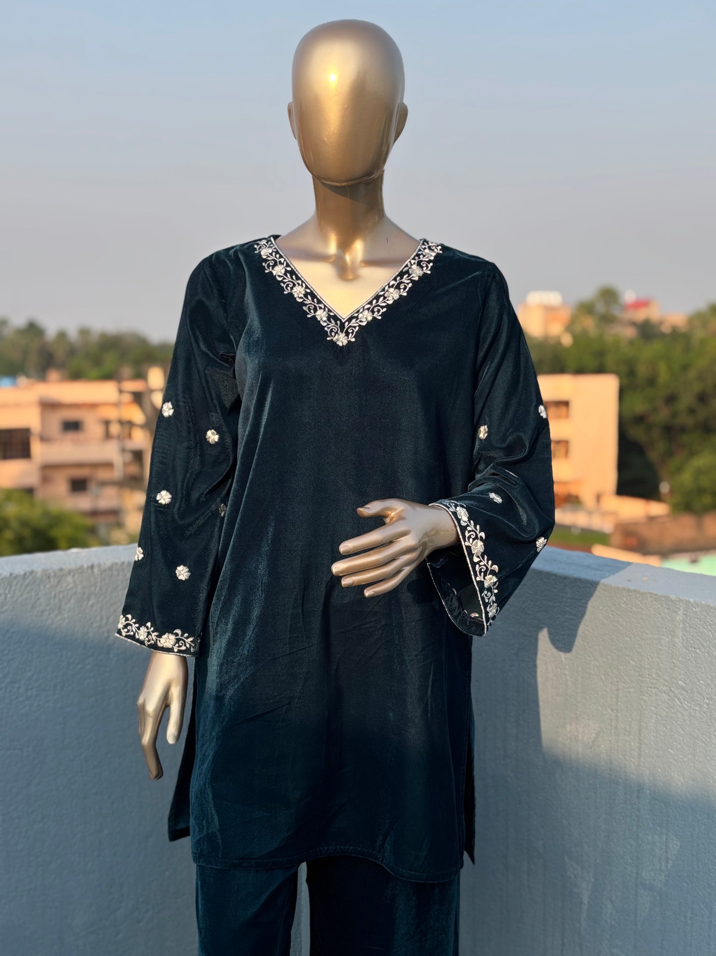 Petrol Blue Zari Embroidered Velvet Pakistani Style Co-ord sets | Kurta with Palazzos