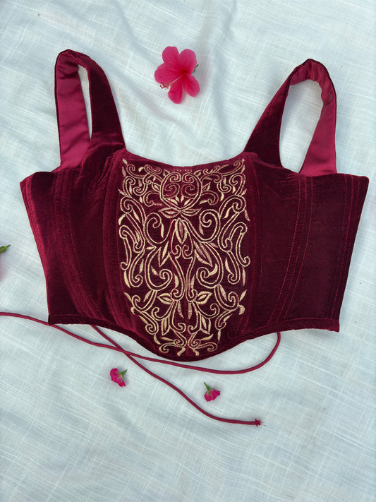 Elegant Microvelvet Embroidered Corset top with Zari Detailing